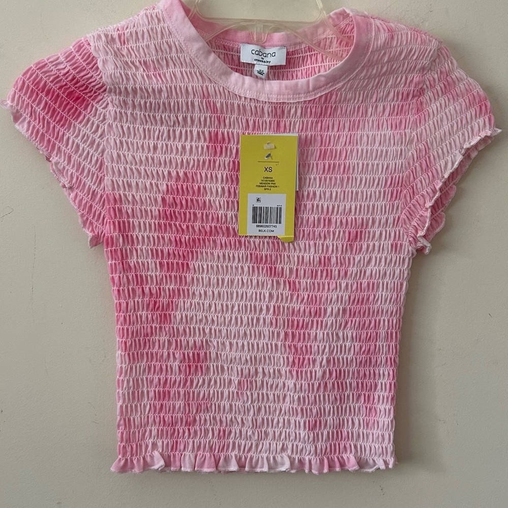 Cabana By‎ Crown & Ivy Short Sleeve Top Size X-Small Pink Tye Dyed Smocked